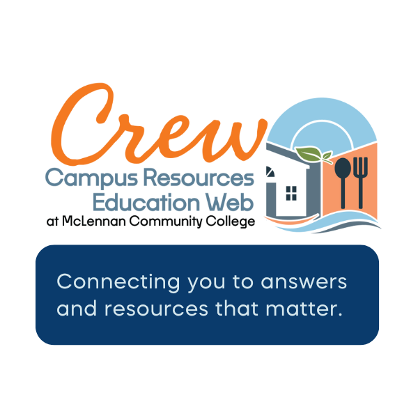 Infographic titled “CREW: Campus Resources Education Web” showing interconnected student support services at MCC, including academic help, financial aid, wellness, and career resources, arranged in a web-like layout to emphasize collaboration and accessibility.