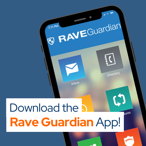 A smartphone screen displaying the Rave Guardian app interface with icons labeled Inbox, Directory, and other features. The background is blue. Text on the image reads: ‘Download the Rave Guardian App!’.