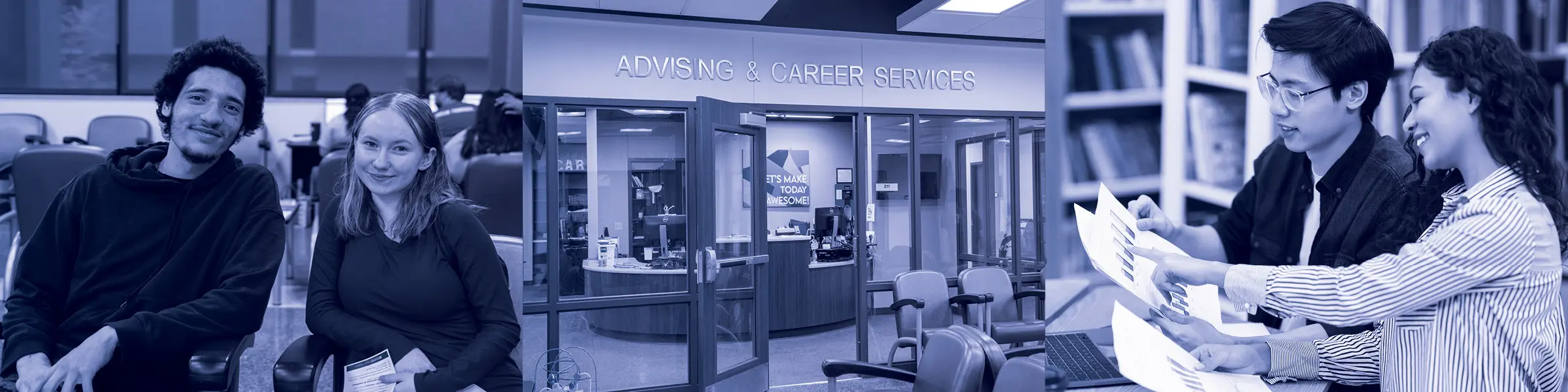 A collage featuring two students sitting together, the Advising and Career Services office, and a diverse group of students collaborating on a project.