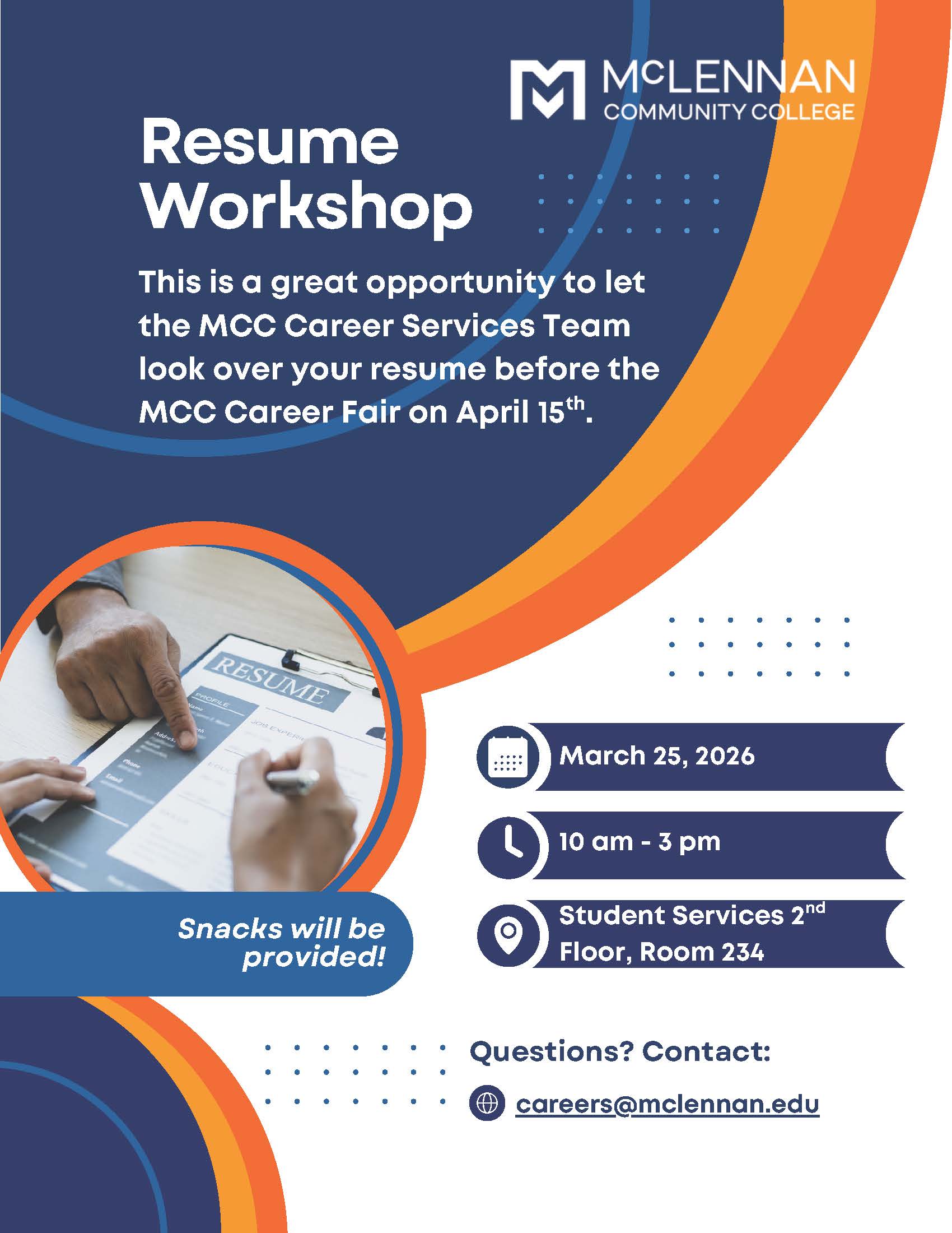 Resume Workshop on Mar. 25 from 10 am-3 pm in Student Serivces building, room 234