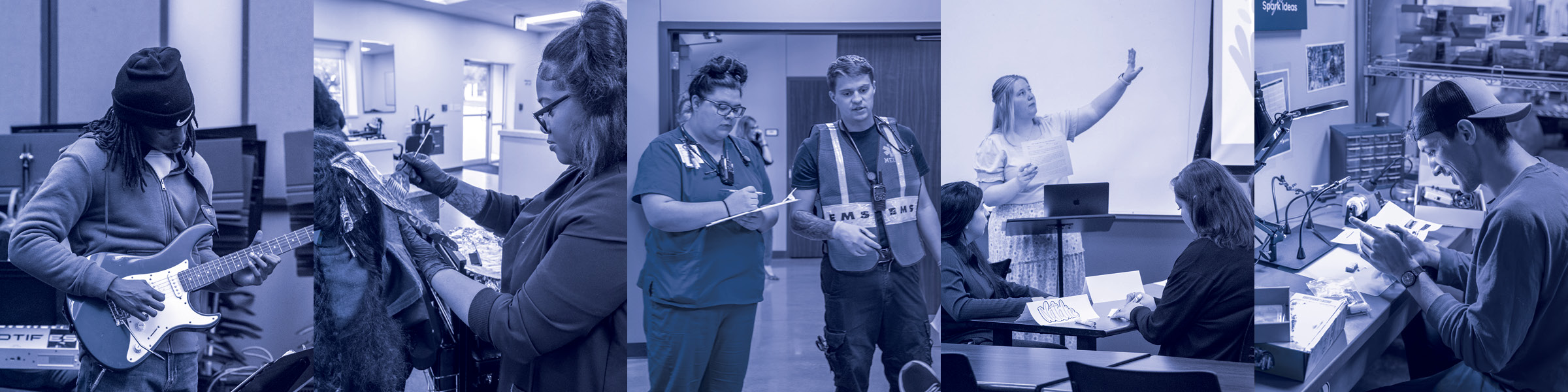 Blue-tinted collage showing students in hands-on training: playing electric guitar, doing hair styling, practicing EMS skills, teaching in a classroom, and working with electronics.
