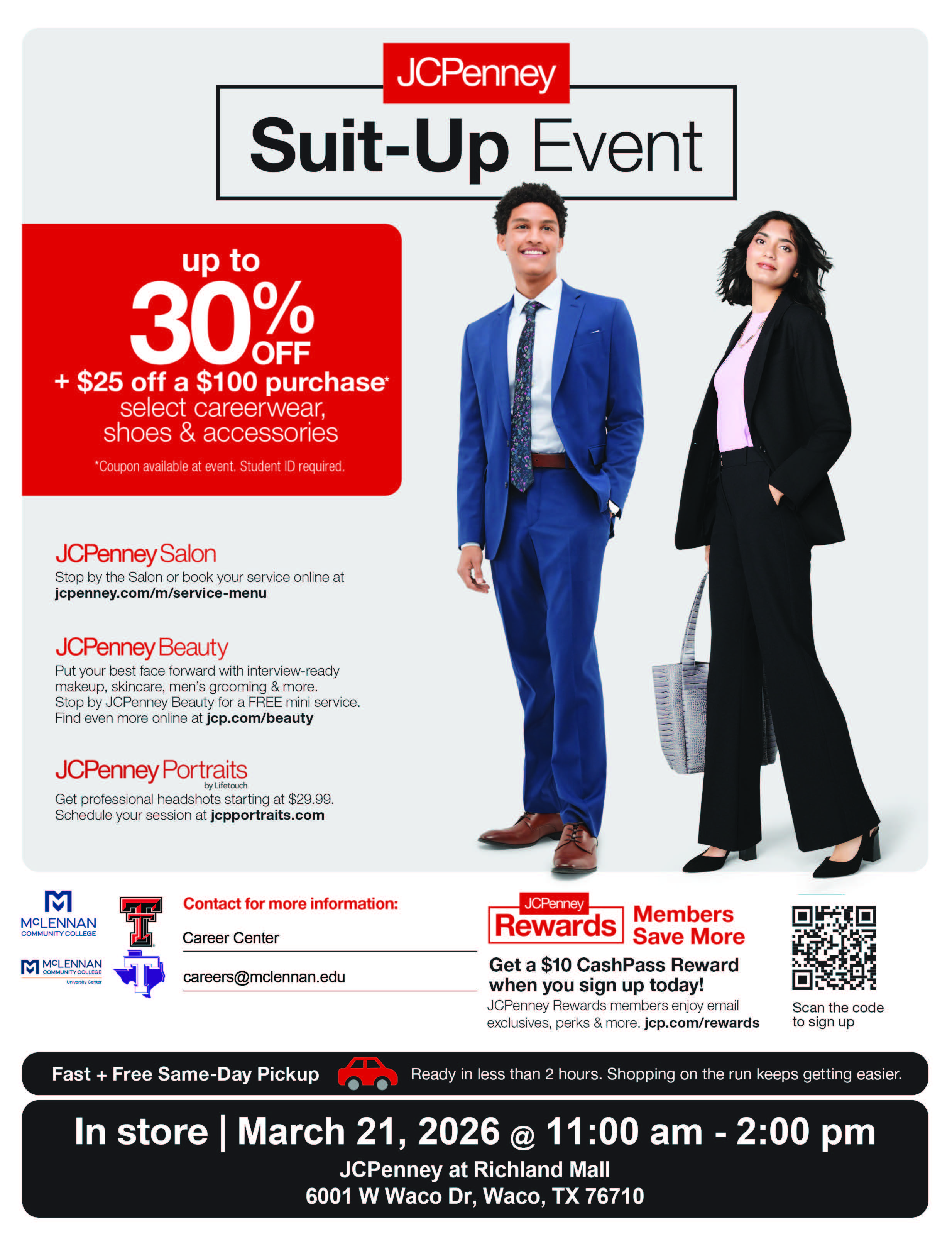 JC Penney Suit-Up Event happening March 21, 11 am-2 pm at Richland Mall. Deep Discounts on business casual clothes for students and employees.