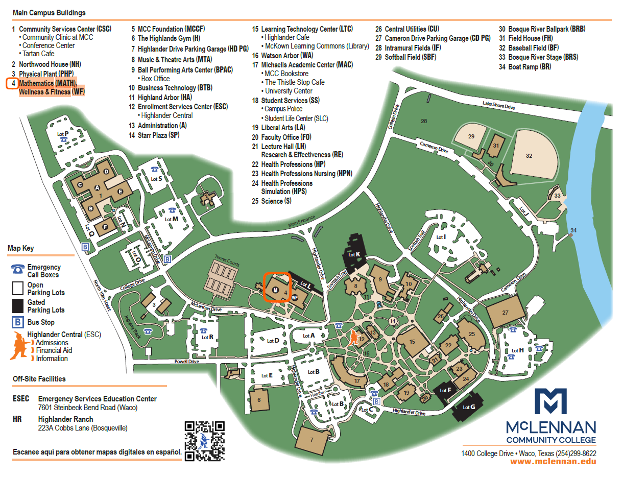 MCC Campus Map highlighting the Student Counseling Center in Math & Wellness