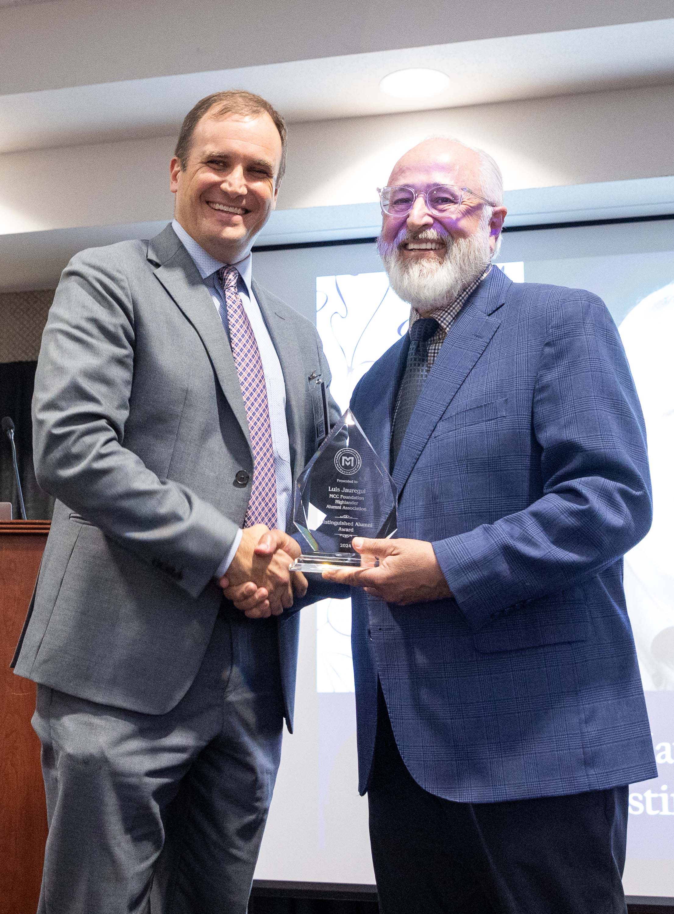 McLennan Community College Vice President of Instruction & Student Engagement, Dr. Chad Eggleston with Luis Jauregui, 2024 MCC Distinguished Alumnus