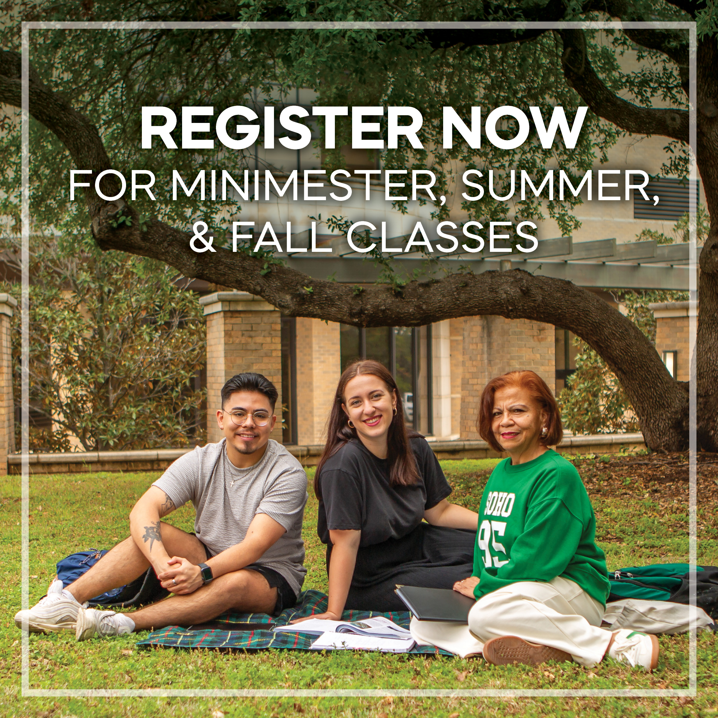 Three MCC students sitting together on the campus lawn, smiling, with the text "Register Now for Minimester, Summer, & Fall Classes."