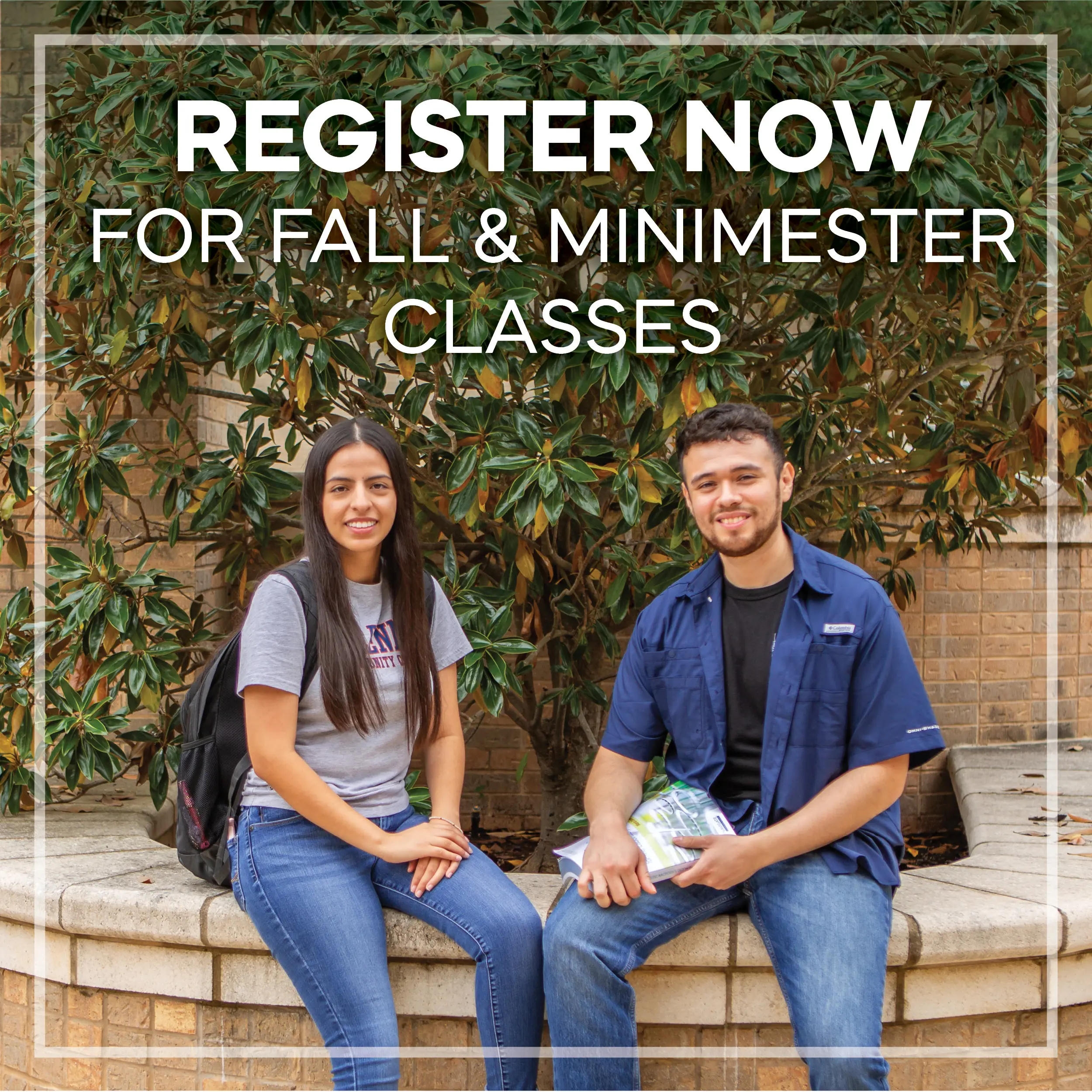 Two MCC students sitting together on the campus, smiling, with the text "Register Now for Fall and Minimester Classes."