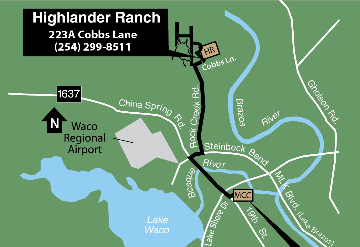 Map of Highlander Ranch highlighting its location at 223A Cobbs Lane near Waco Regional Airport and nearby landmarks.