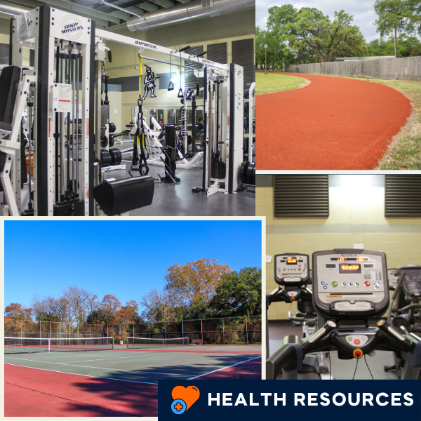 Campus health facilities including a gym, running track, tennis courts, and cardio machines