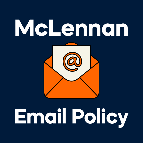 Dark blue background with white text reading “McLennan” at the top and “Email Policy” at the bottom. In the center, an orange envelope with a white paper inside featuring a large black “@” symbol.