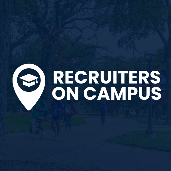 Graphic with a location pin icon containing a graduation cap next to the text ‘Recruiters on Campus,’ placed over a darkened background photo of students walking along a tree-lined campus pathway.