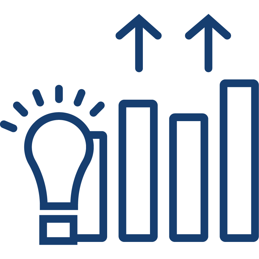 Icon depicting a light bulb and a bar graph with upward arrows, symbolizing creativity and growth.
