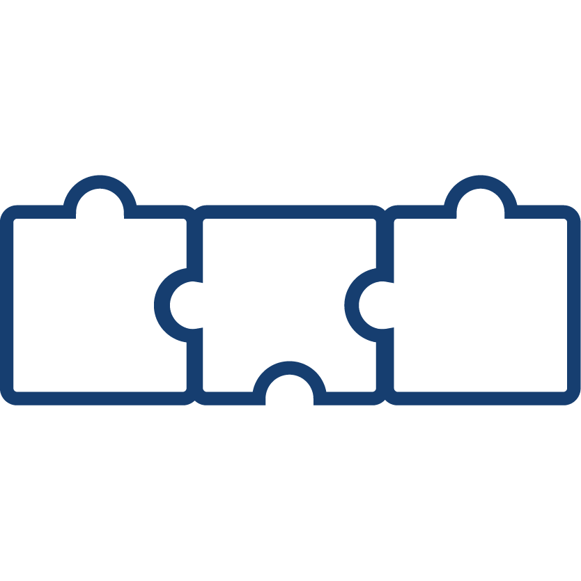Three interconnected puzzle pieces outlined in blue.