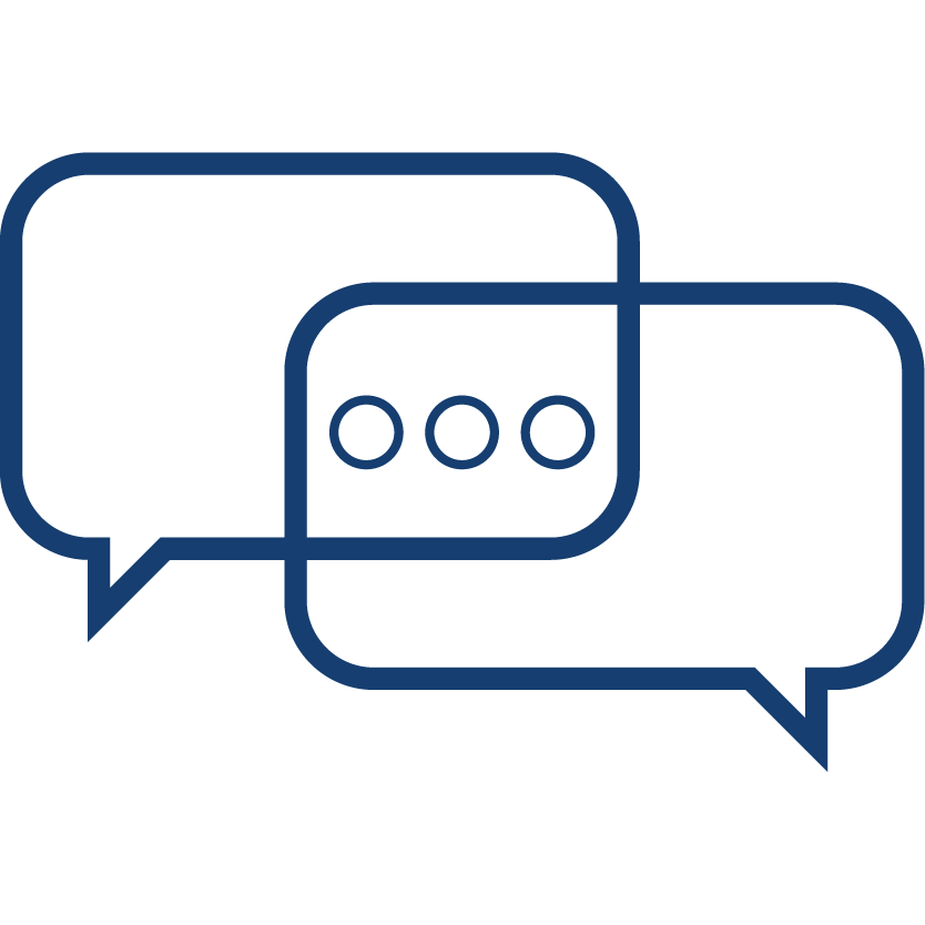A simple outline illustration of two speech bubbles, representing communication and conversation.