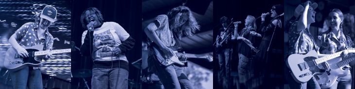 Collage of musicians performing on stage, featuring guitarists and vocalists in various dynamic poses.