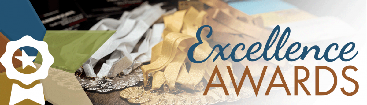 Logo and background image featuring a collection of medals and ribbons alongside the text "Excellence Awards."